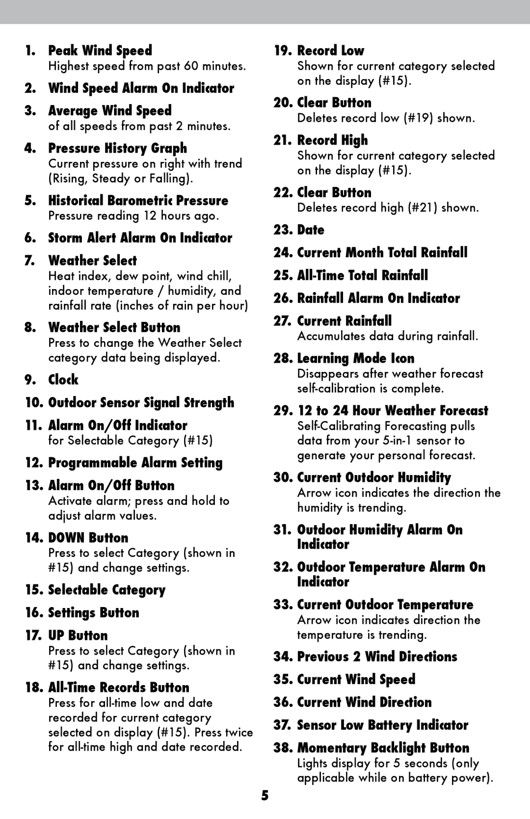 Acu-Rite 502 Peak Wind Speed, Wind Speed Alarm On Indicator Average Wind Speed, Pressure History Graph, Down Button 