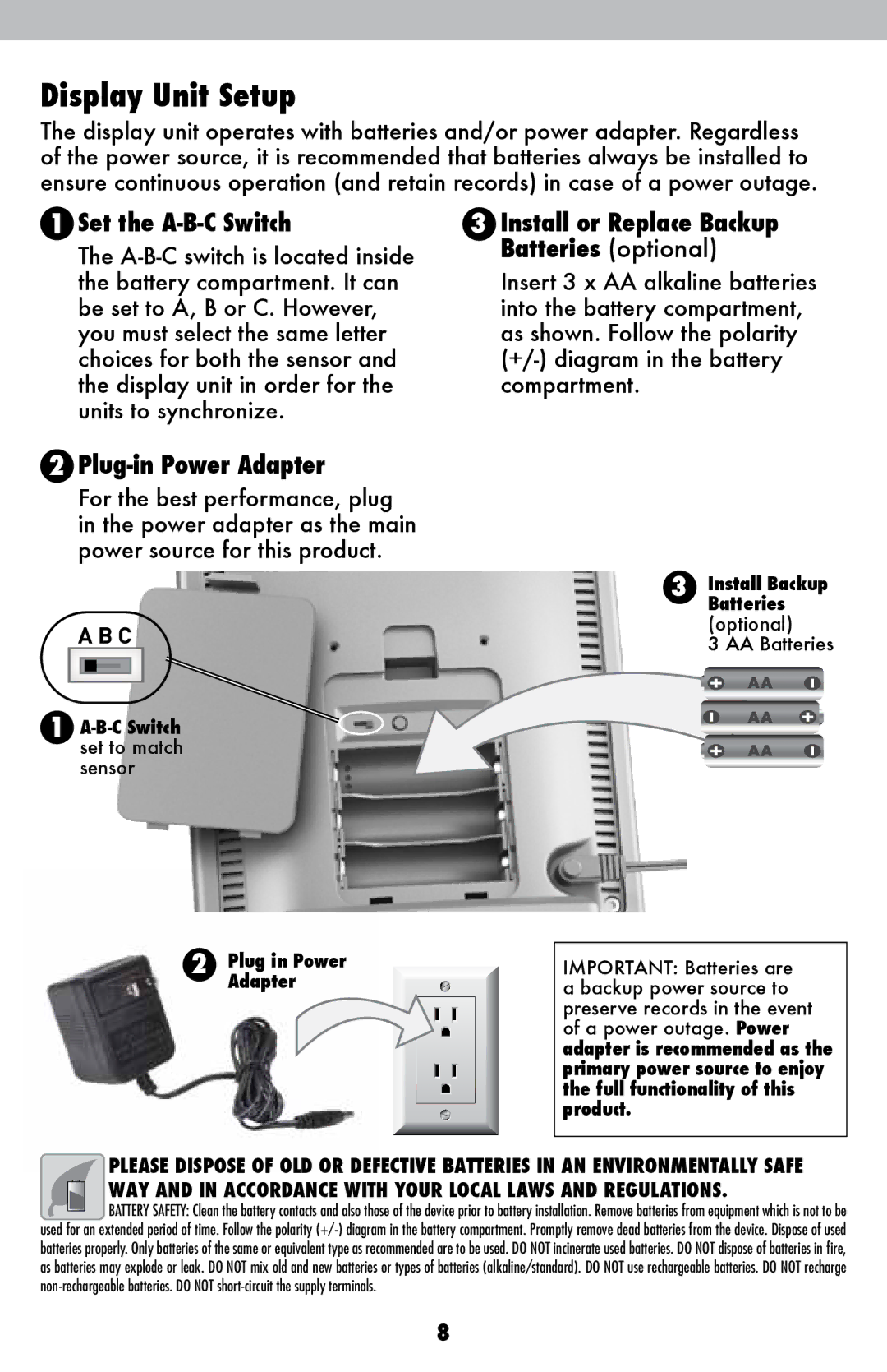 Acu-Rite 502 instruction manual Display Unit Setup, Plug-in Power Adapter, Install or Replace Backup Batteries optional 