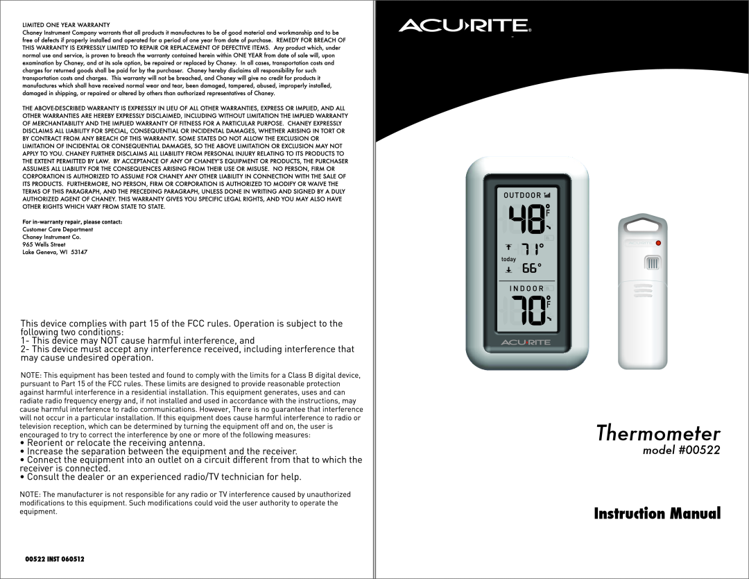 Acu-Rite instruction manual Contents, models 00424/00522, Instruction Manual, Wireless Thermometer 