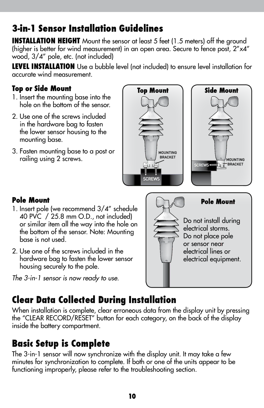 Acu-Rite 589 In-1 Sensor Installation Guidelines, Clear Data Collected During Installation, Basic Setup is Complete 