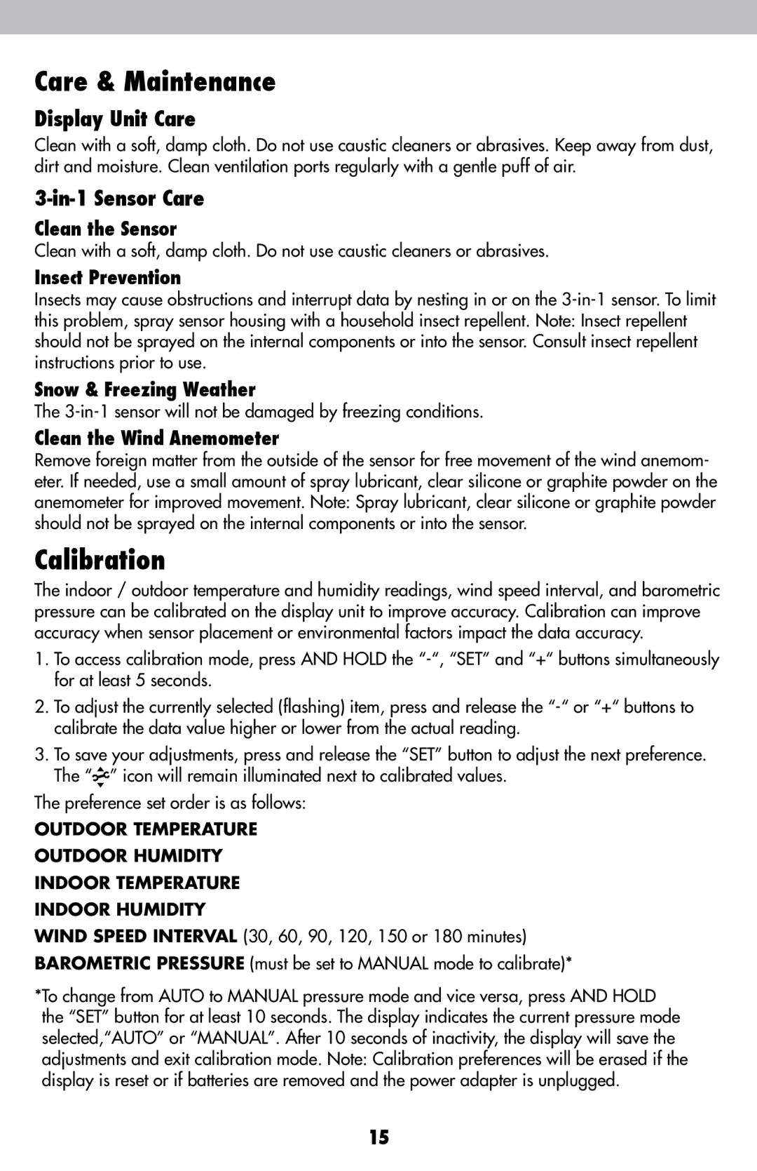 Acu-Rite 589 instruction manual Care & Maintenance, Calibration, Display Unit Care, In-1 Sensor Care 