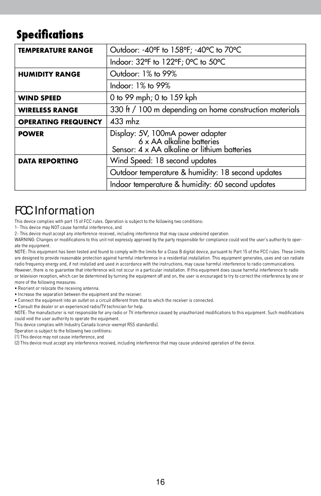 Acu-Rite 589 instruction manual Specifications, FCC Information 