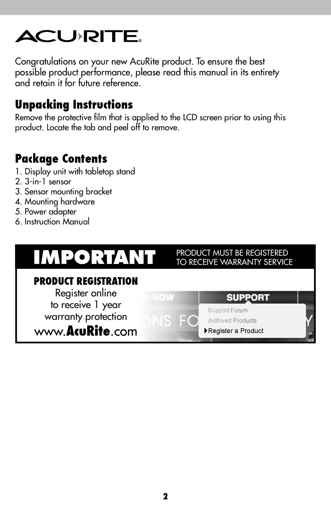 Acu-Rite 589 instruction manual Unpacking Instructions, Package Contents 