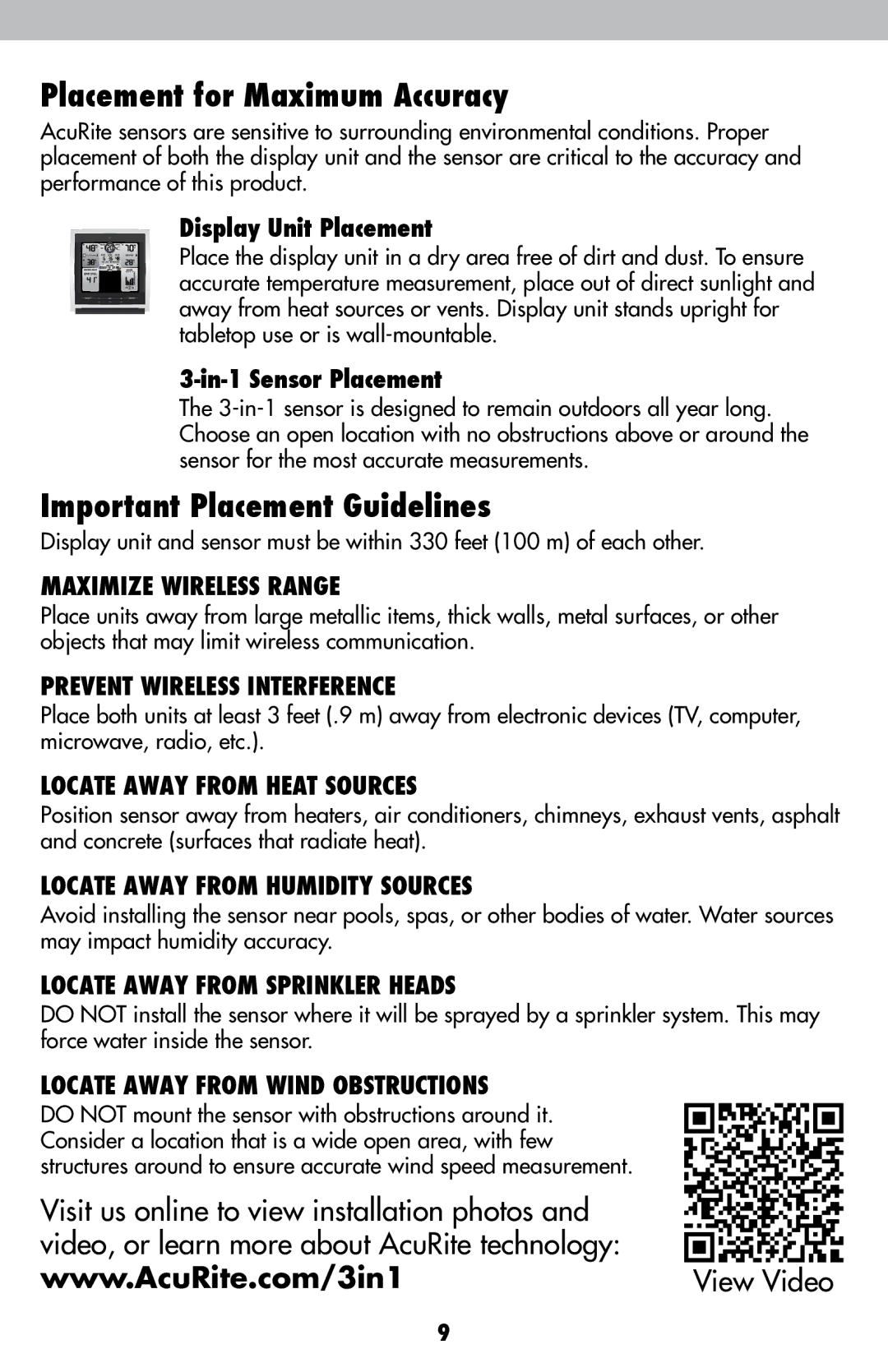 Acu-Rite 589 Placement for Maximum Accuracy, Important Placement Guidelines, Display Unit Placement, In-1 Sensor Placement 