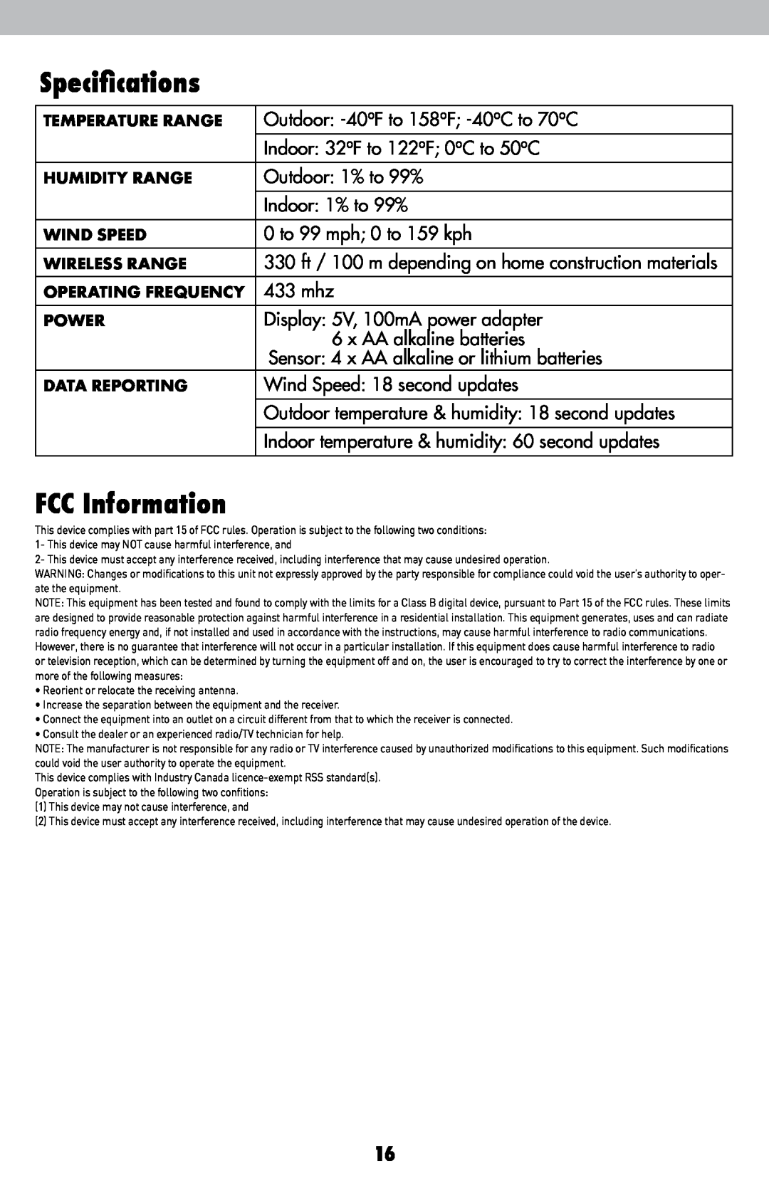 Acu-Rite 589 instruction manual Specifications, FCC Information 