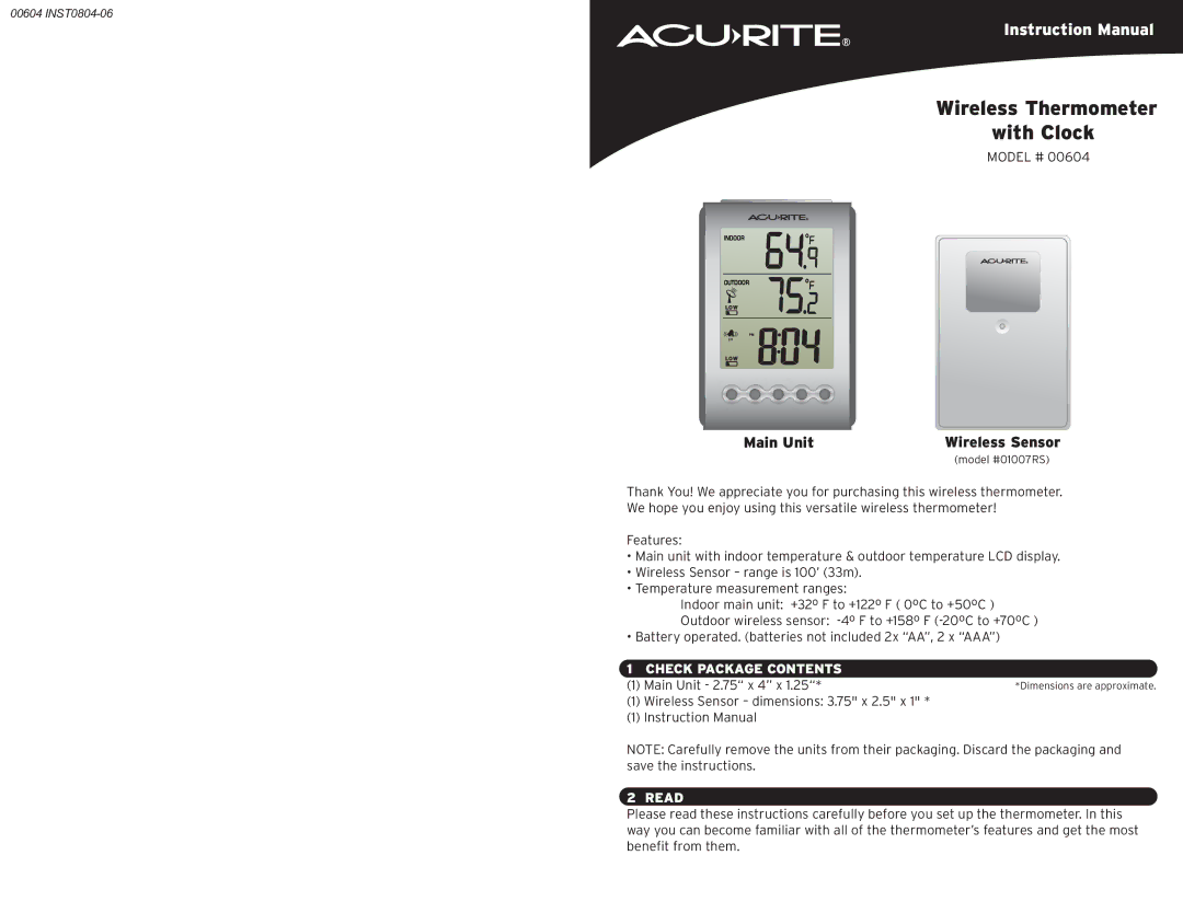 Acu-Rite 604 instruction manual Check Package Contents, Read 