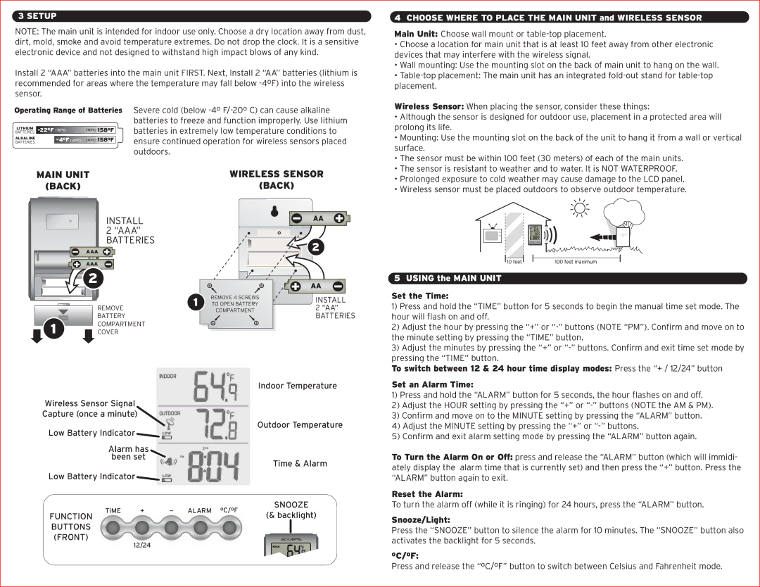 Acu-Rite 604 instruction manual Setup, Choose Where to Place the Main Unit and Wireless Sensor, Using the Main Unit 