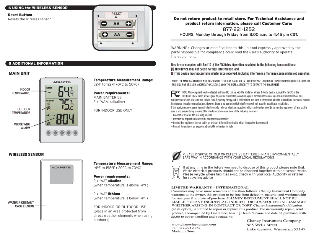 Acu-Rite 604 instruction manual Using the Wireless Sensor, Reset Button, Additional Information 