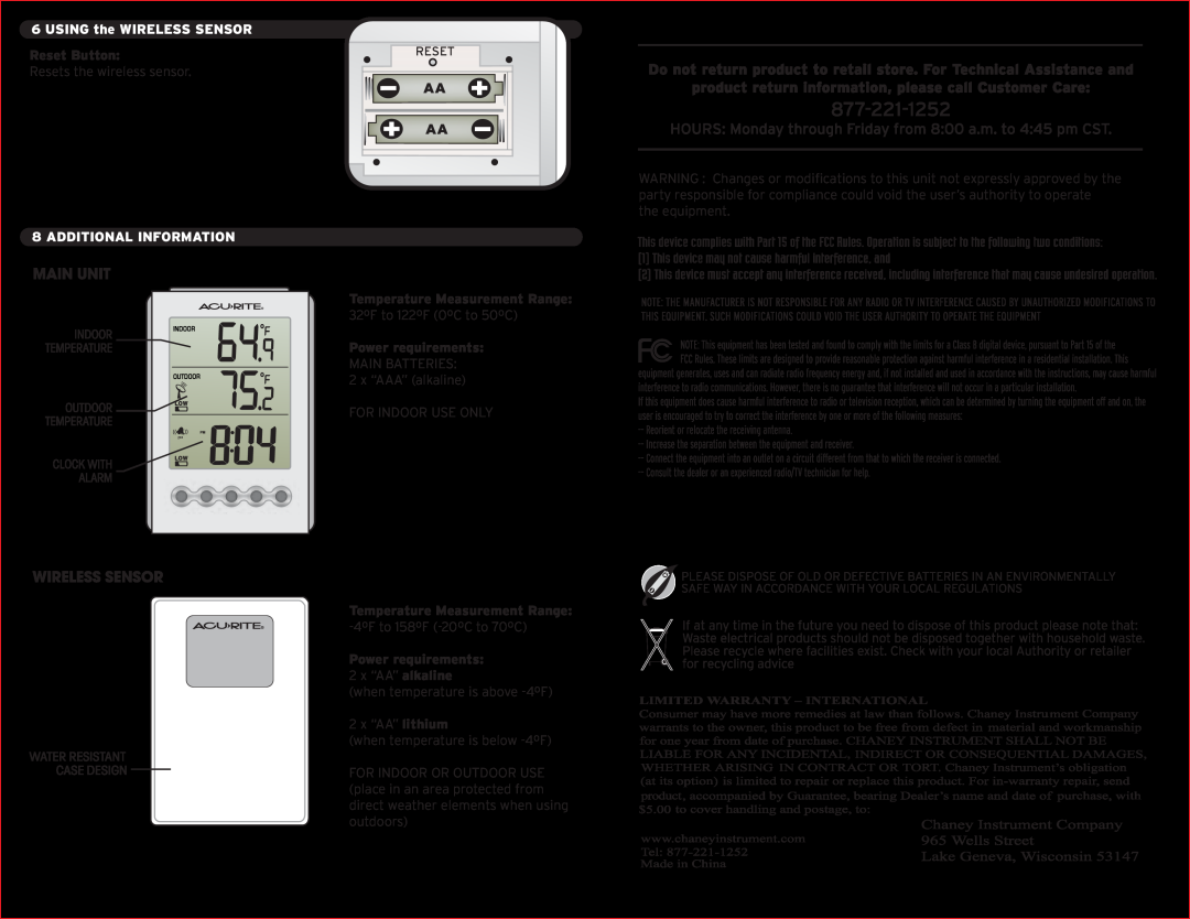Acu-Rite 604 instruction manual Aa Aa, USING the WIRELESS SENSOR, Reset Button, Additional Information, Power requirements 