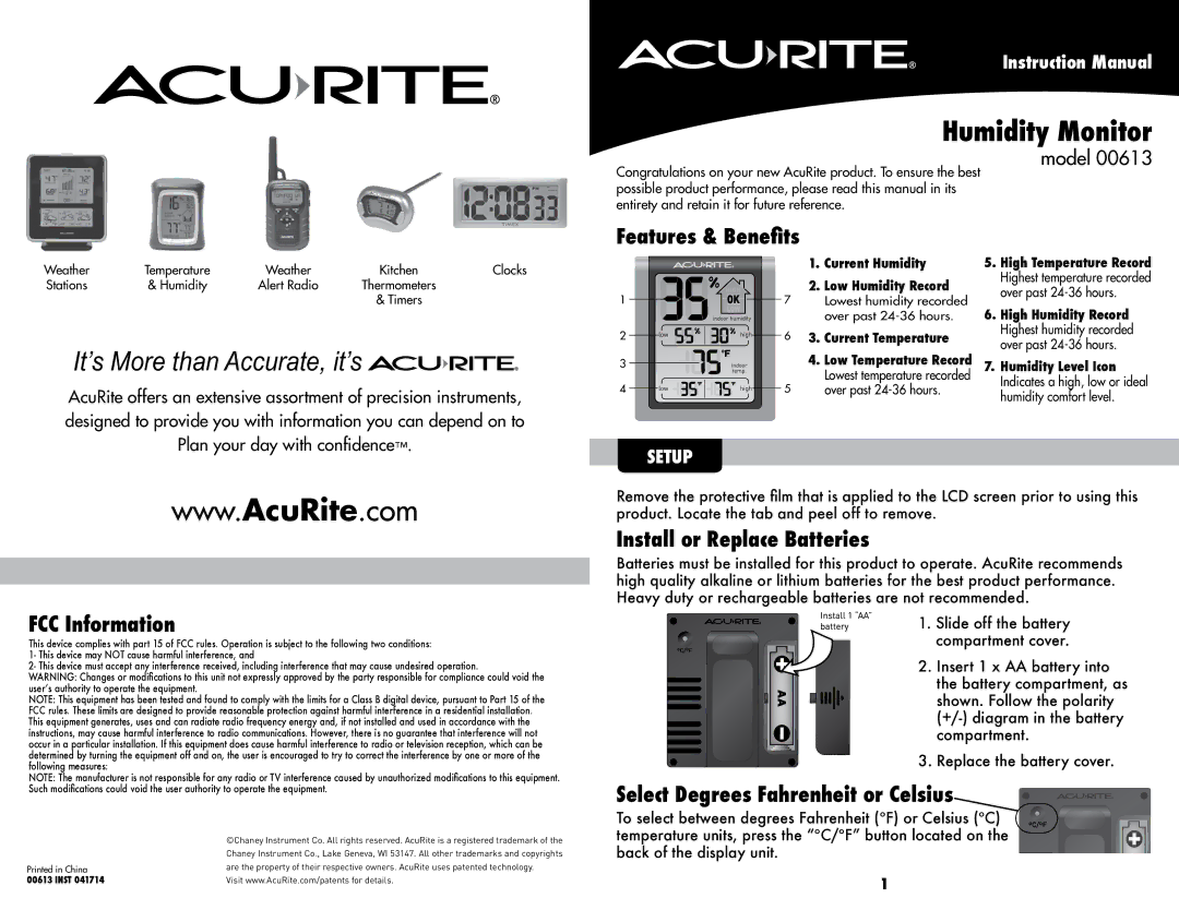 Acu-Rite 613 instruction manual Features & Benefits, FCC Information, Install or Replace Batteries 