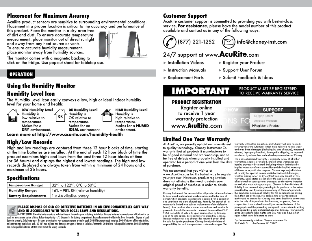 Acu-Rite 613 Placement for Maximum Accuracy, Using the Humidity Monitor Humidity Level Icon, Customer Support 