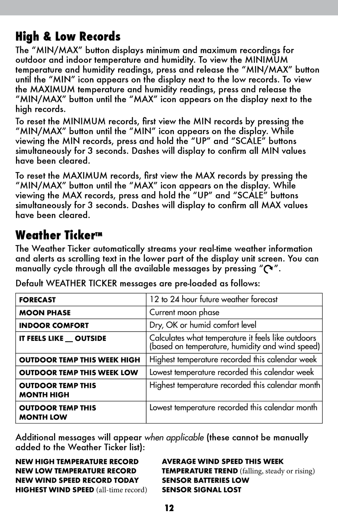 Acu-Rite 615 High & Low Records, Weather Ticker, 12 to 24 hour future weather forecast, Current moon phase 