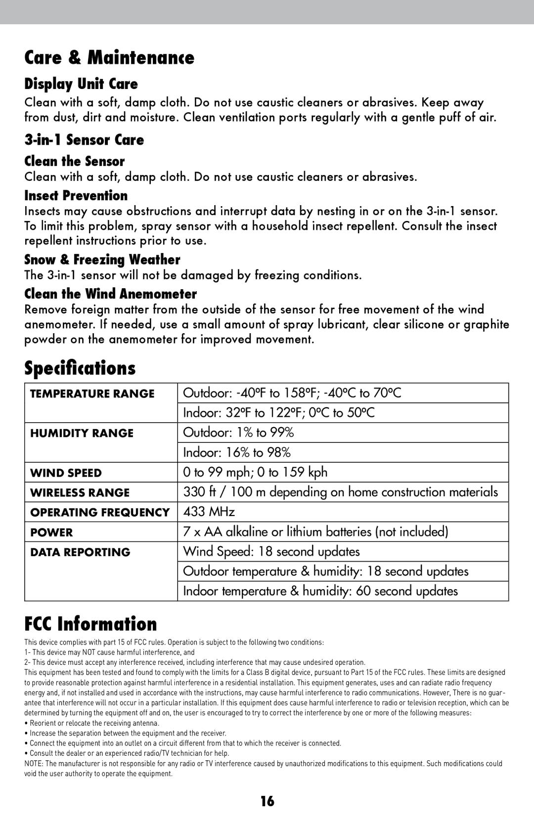 Acu-Rite 615 instruction manual Care & Maintenance, Specifications, FCC Information, Display Unit Care, In-1 Sensor Care 