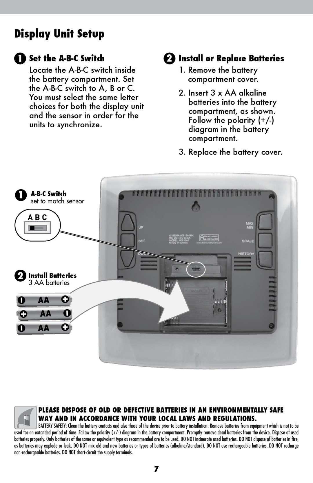 Acu-Rite 615 instruction manual Display Unit Setup, Install or Replace Batteries 