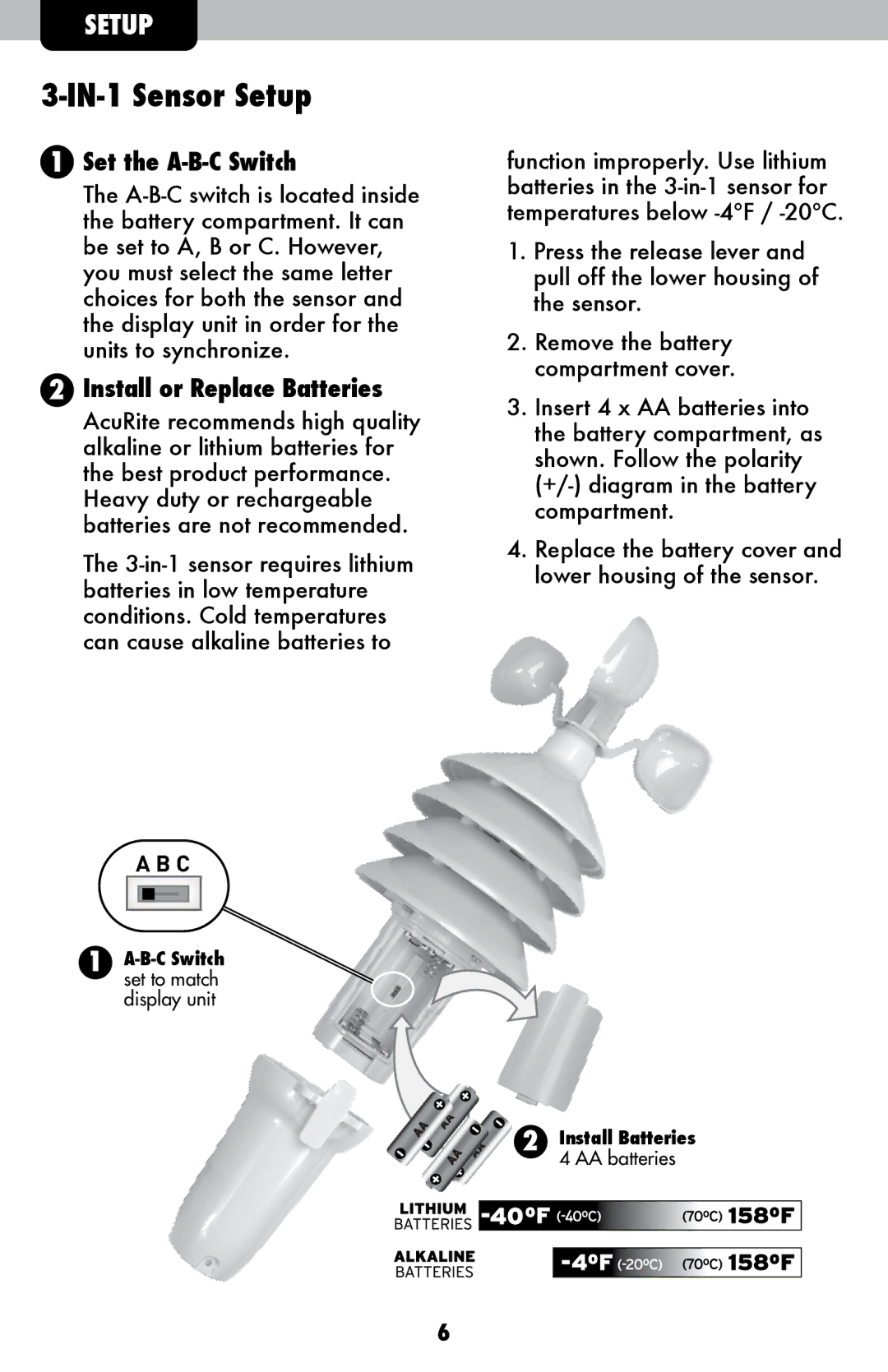 Acu-Rite 615 instruction manual IN-1 Sensor Setup, Set the A-B-C Switch, Install or Replace Batteries 