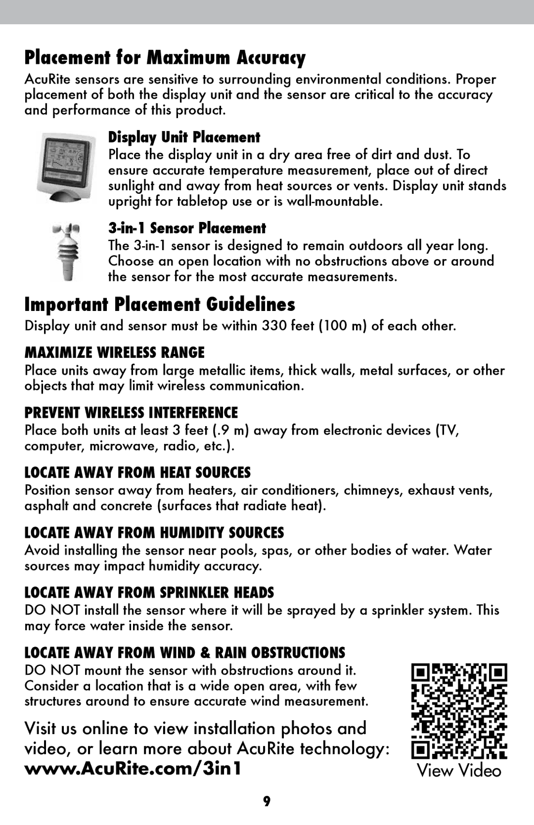 Acu-Rite 615 Placement for Maximum Accuracy, Important Placement Guidelines, Display Unit Placement, In-1 Sensor Placement 