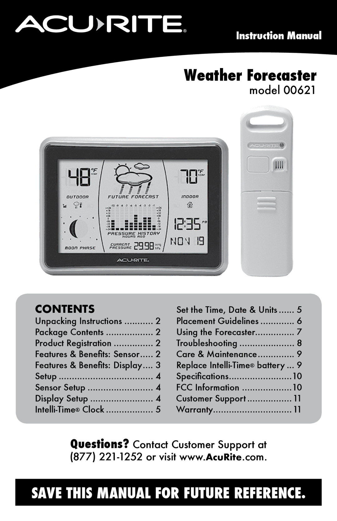 Acu-Rite 621 instruction manual Weather Forecaster, Contents 