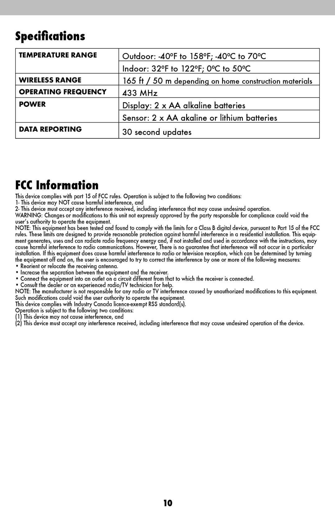 Acu-Rite 621 instruction manual Specifications, FCC Information 