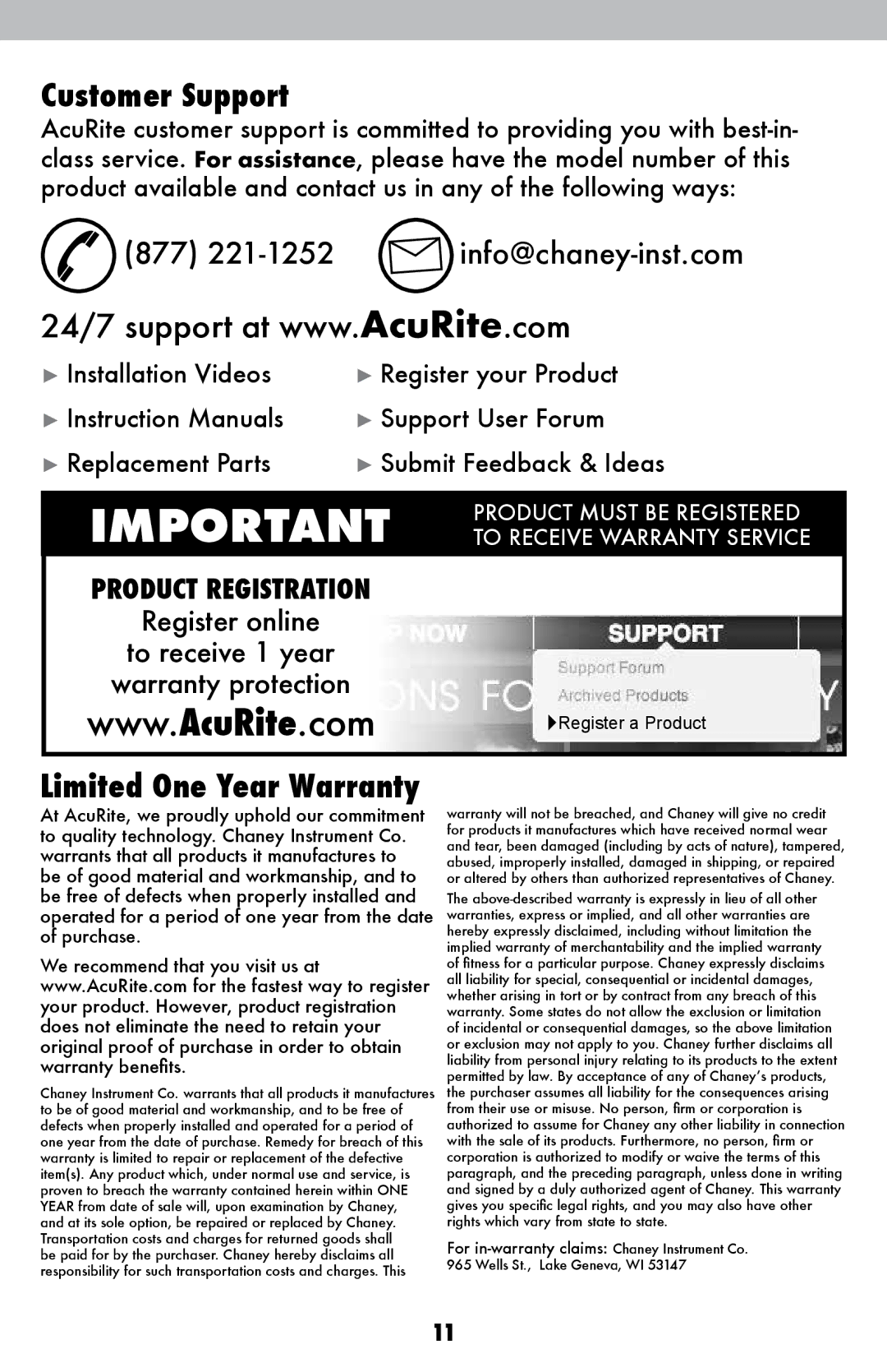 Acu-Rite 621 instruction manual Customer Support, 877 221-1252 info@chaney-inst.com 