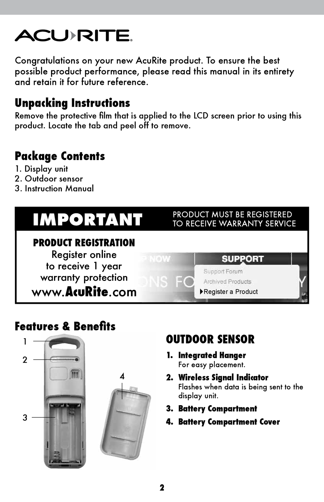 Acu-Rite 621 instruction manual Unpacking Instructions, Package Contents, Outdoor Sensor 