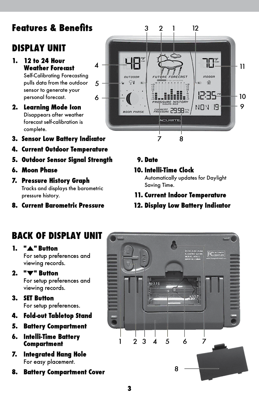 Acu-Rite 621 instruction manual Features & Benefits, Back of Display Unit 