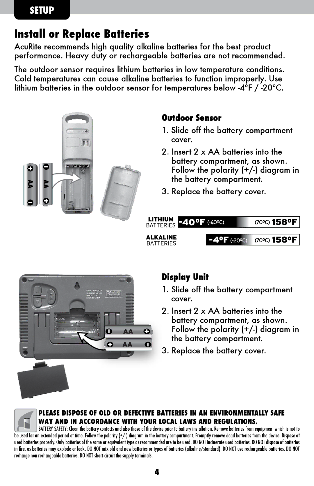 Acu-Rite 621 instruction manual Install or Replace Batteries, Outdoor Sensor 