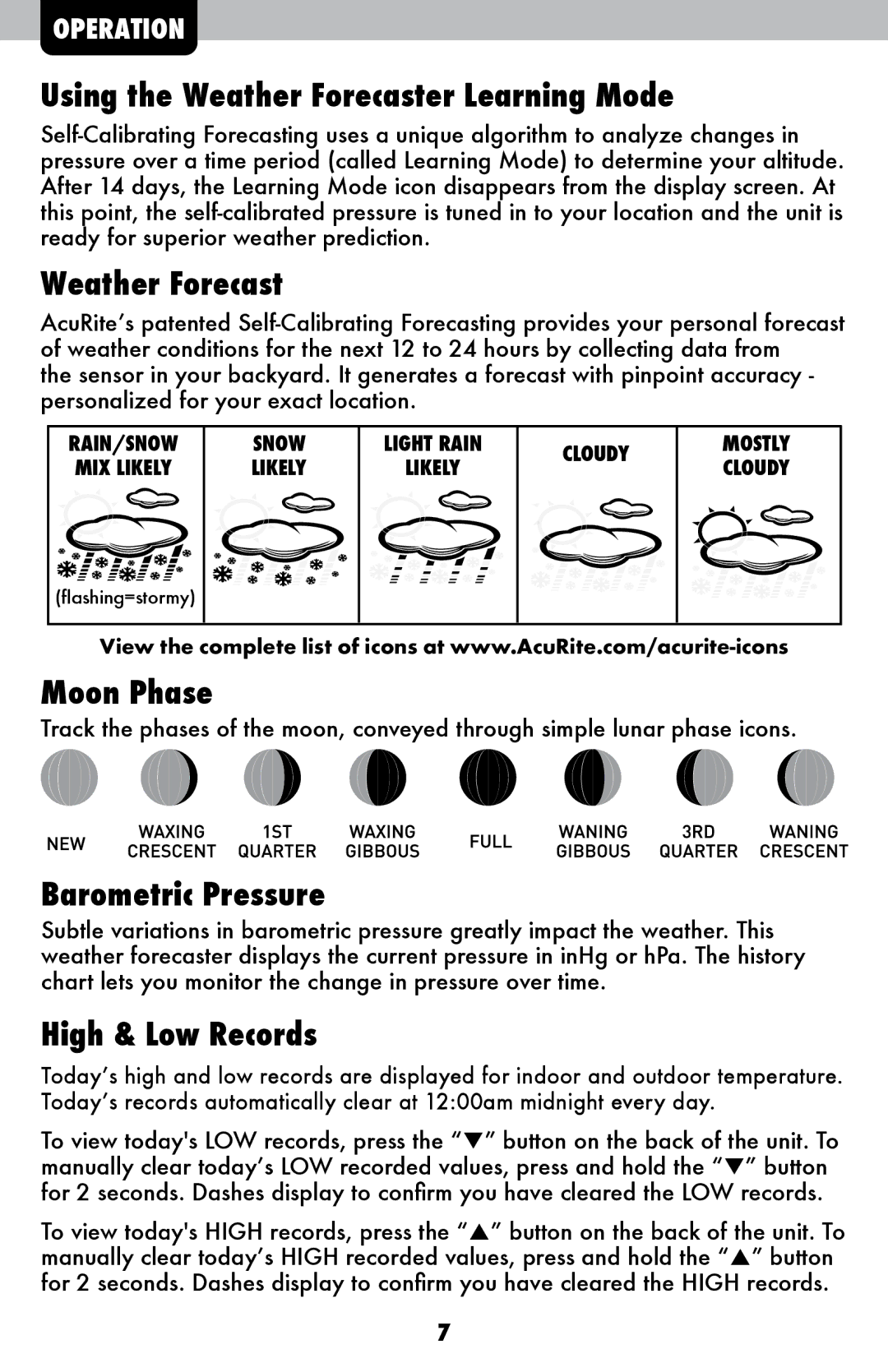 Acu-Rite 621 Using the Weather Forecaster Learning Mode, Moon Phase, Barometric Pressure, High & Low Records 