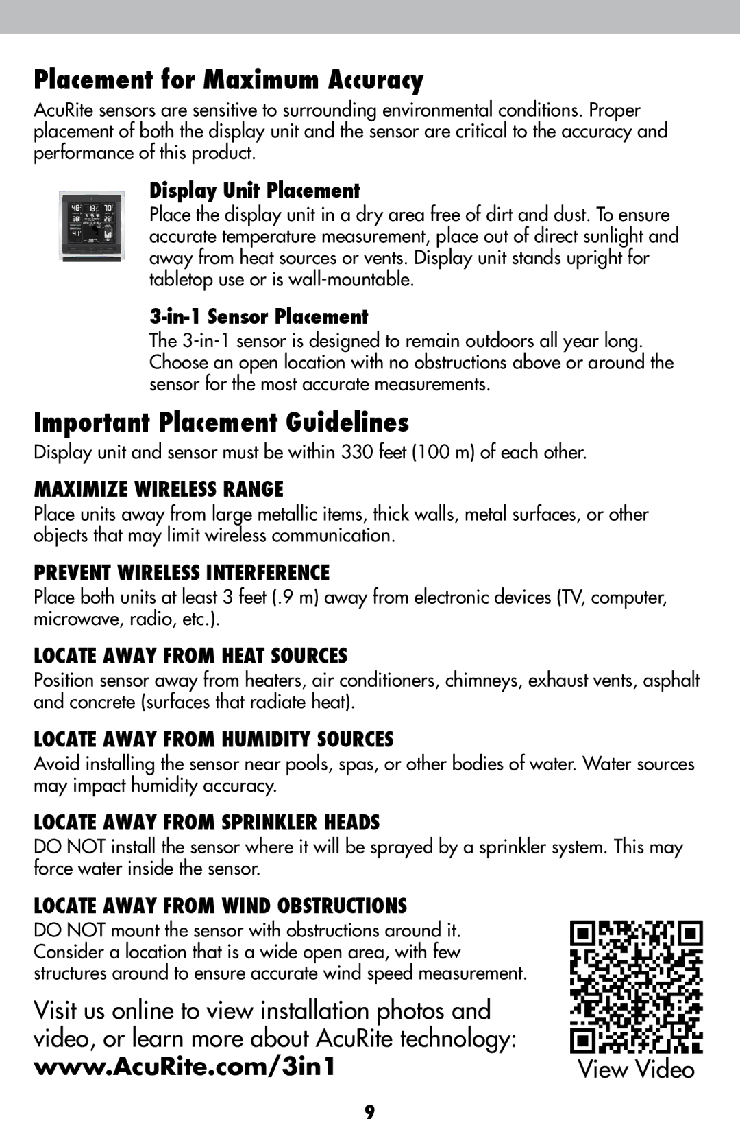 Acu-Rite 622 Placement for Maximum Accuracy, Important Placement Guidelines, Display Unit Placement, In-1 Sensor Placement 