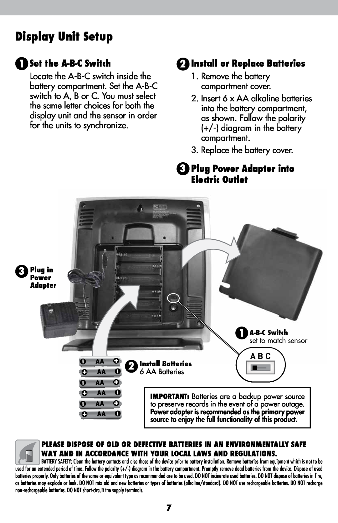 Acu-Rite 622 instruction manual Display Unit Setup, Plug Power Adapter into Electric Outlet, Set the A-B-C Switch, A B C 