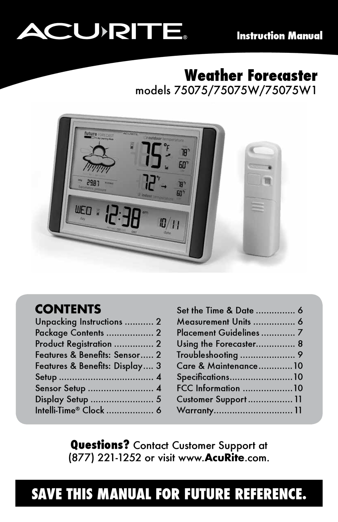 Acu-Rite 75075/75075W/75075W1 instruction manual Weather Forecaster, Contents 