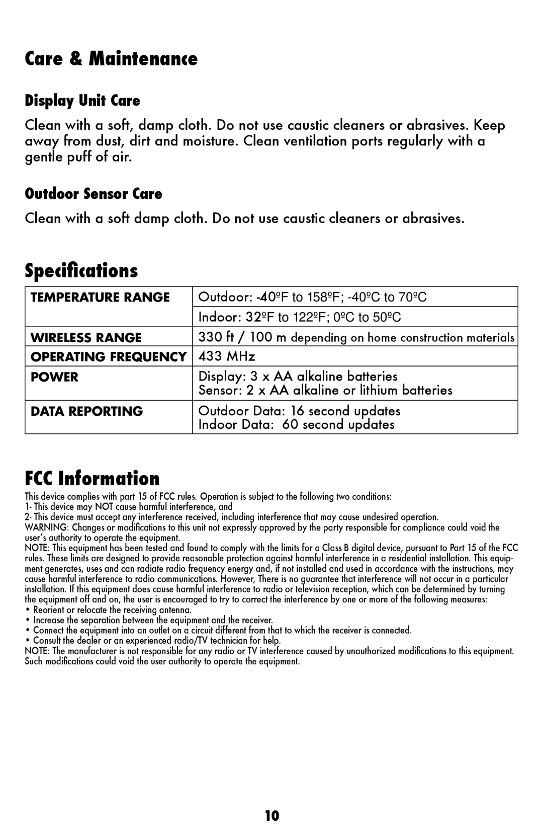 Acu-Rite 75075/75075W/75075W1 instruction manual Care & Maintenance, Specifications, FCC Information 