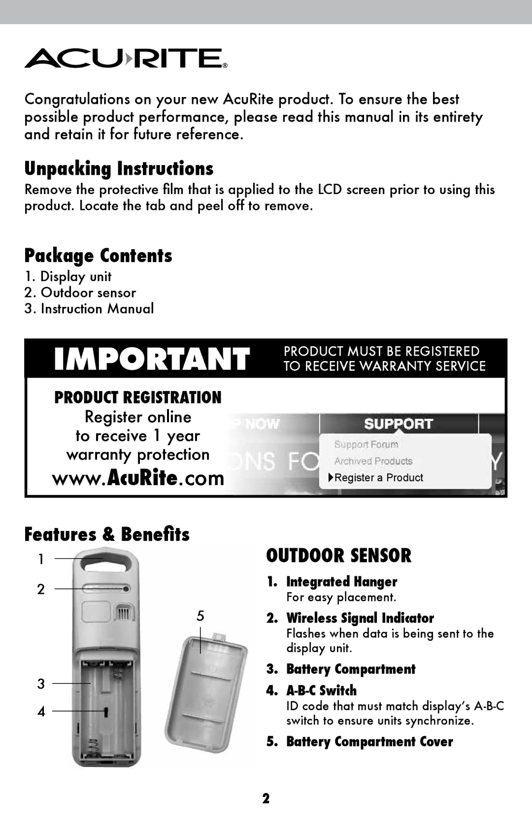 Acu-Rite 75075/75075W/75075W1 instruction manual Unpacking Instructions, Package Contents, Outdoor Sensor 