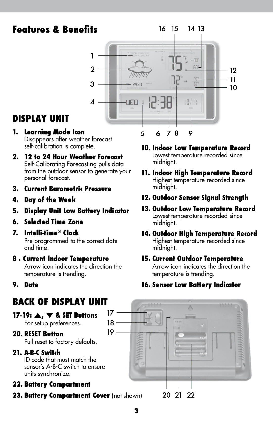 Acu-Rite 75075/75075W/75075W1 instruction manual Features & Benefits, Back of Display Unit 