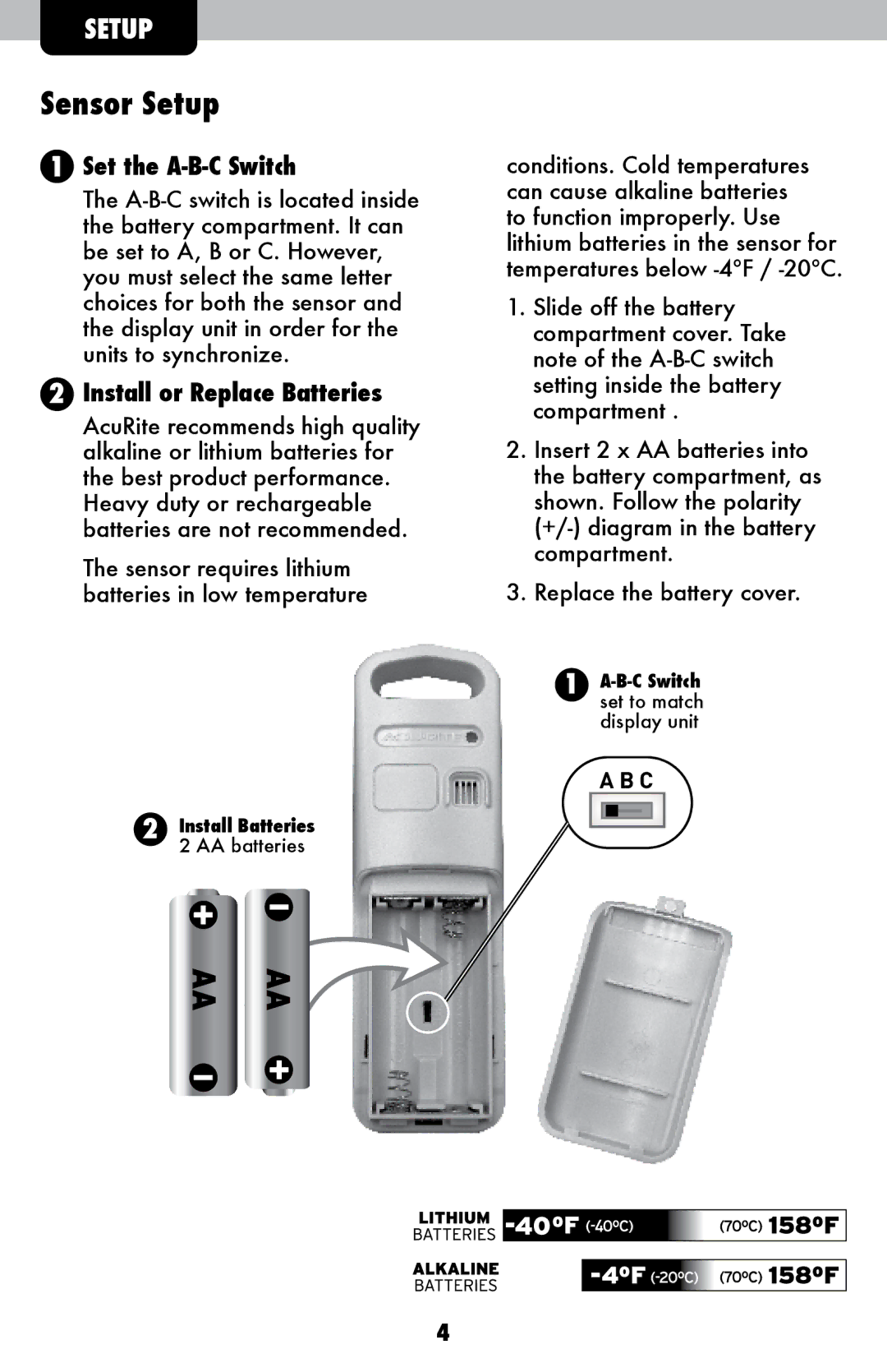 Acu-Rite 75075/75075W/75075W1 instruction manual Sensor Setup, Set the A-B-C Switch 