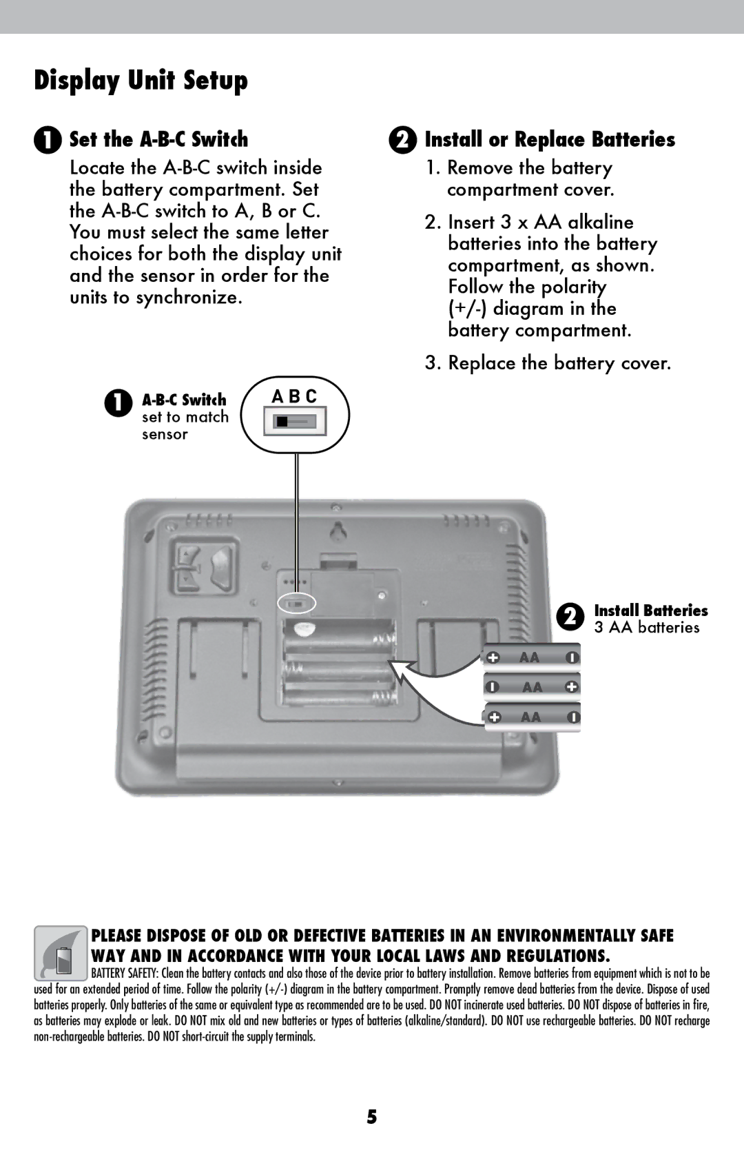 Acu-Rite 75075/75075W/75075W1 instruction manual Display Unit Setup, Install or Replace Batteries 