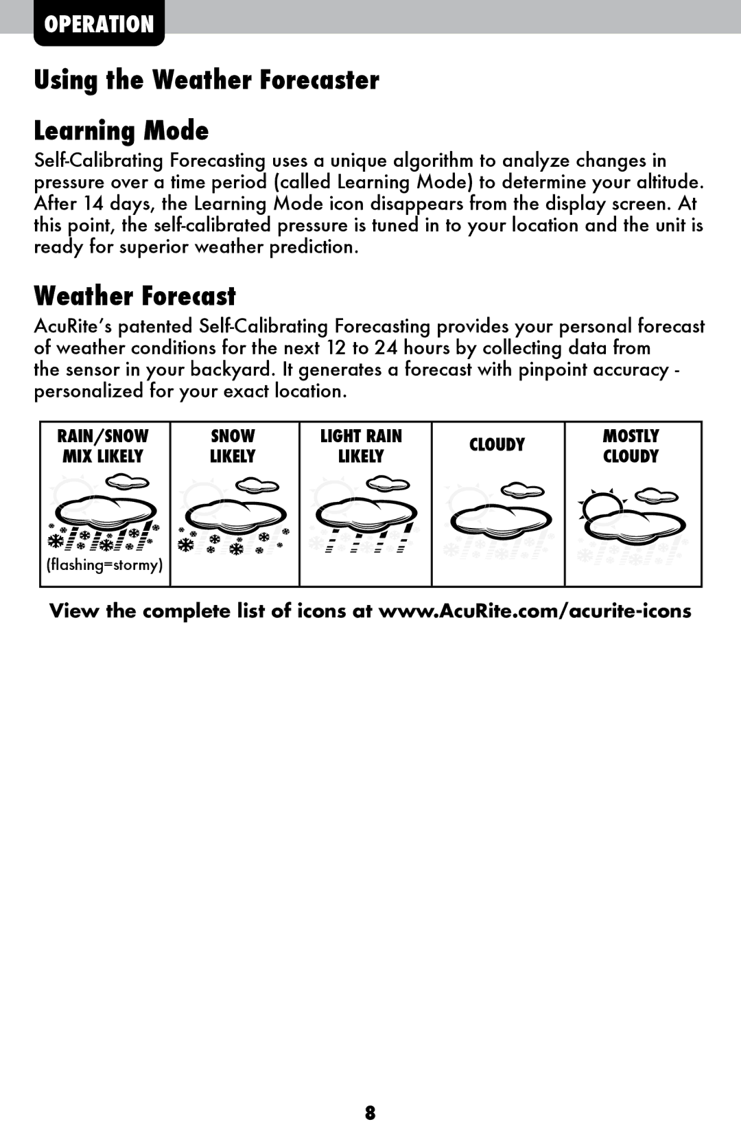 Acu-Rite 75075/75075W/75075W1 instruction manual Using the Weather Forecaster Learning Mode 