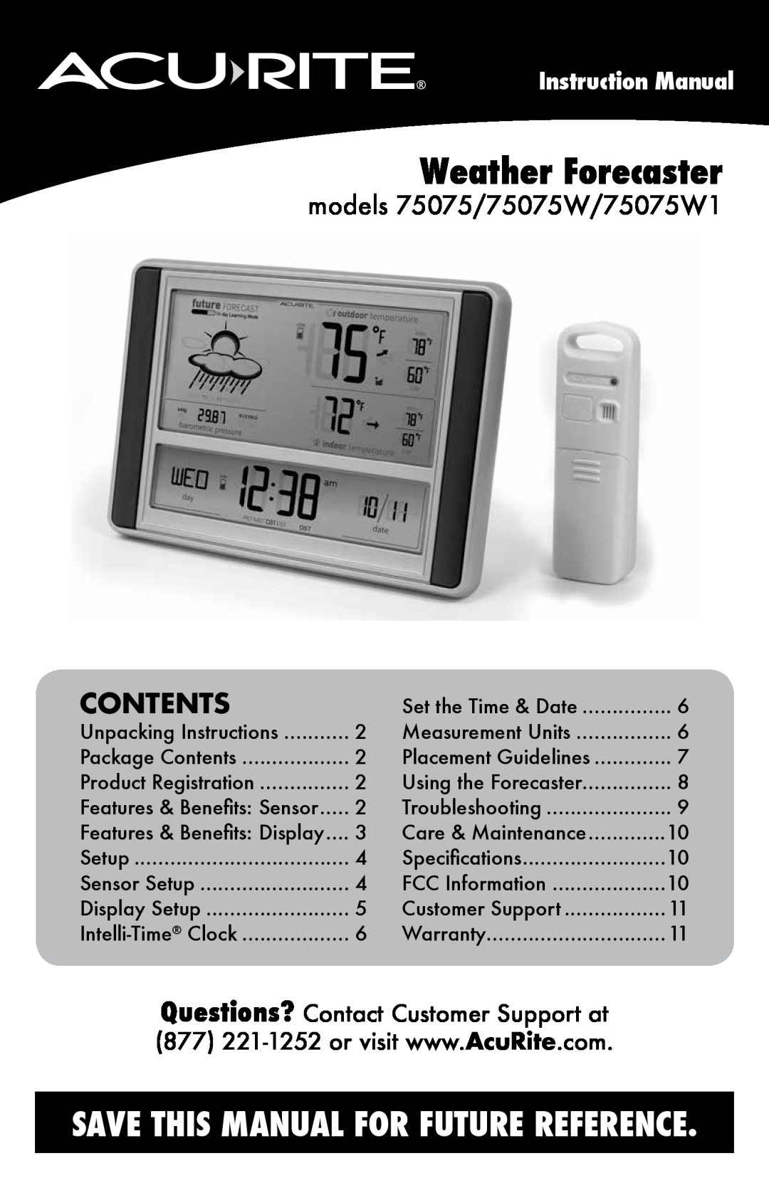 Acu-Rite instruction manual Contents, models 75075/75075W/75075W1, Weather Forecaster 