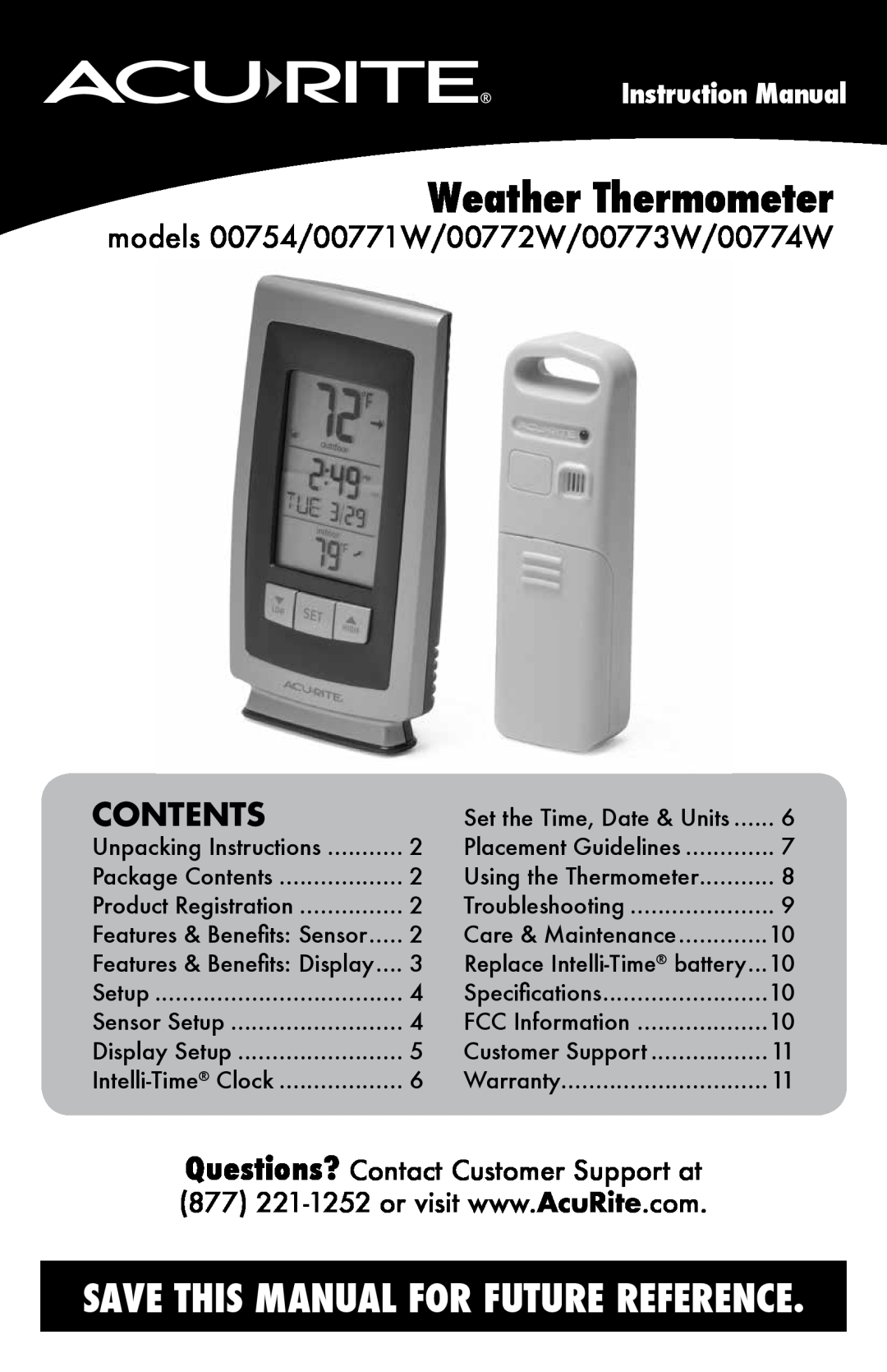 Acu-Rite instruction manual Contents, models 00754/00771W/00772W/00773W/00774W, Weather Thermometer 