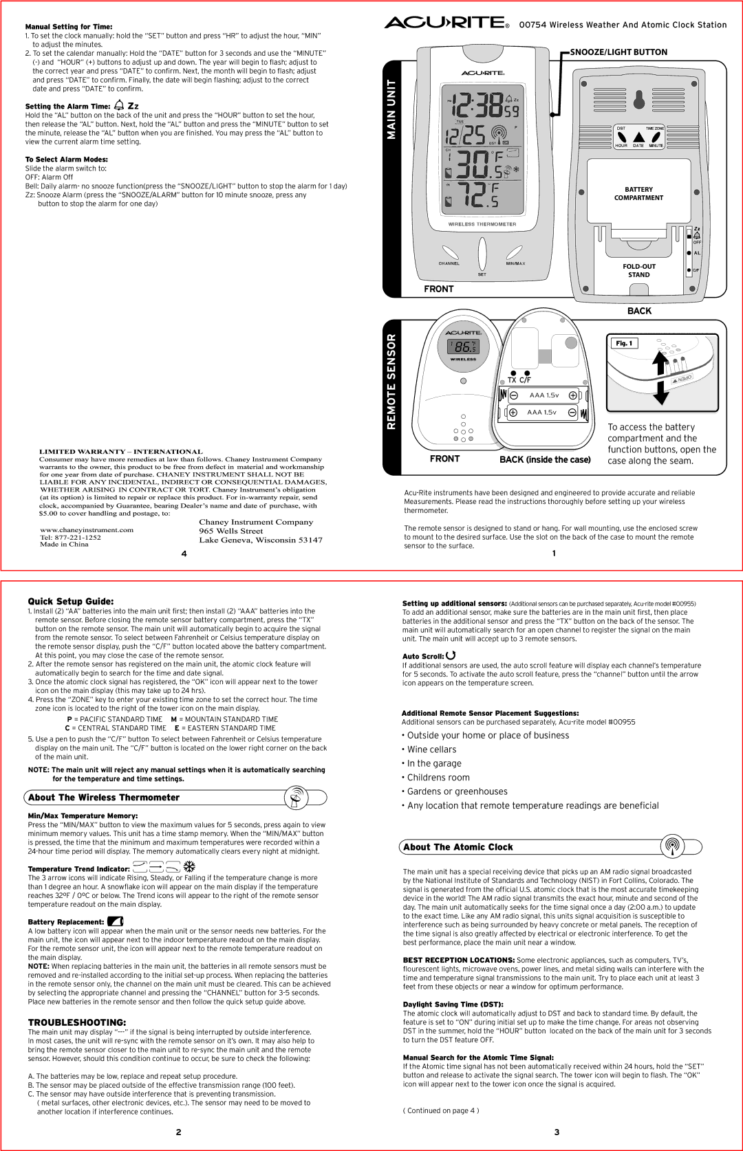 Acu-Rite 754 setup guide Unit, Remote Sensor, Quick Setup Guide, About The Wireless Thermometer, About The Atomic Clock 