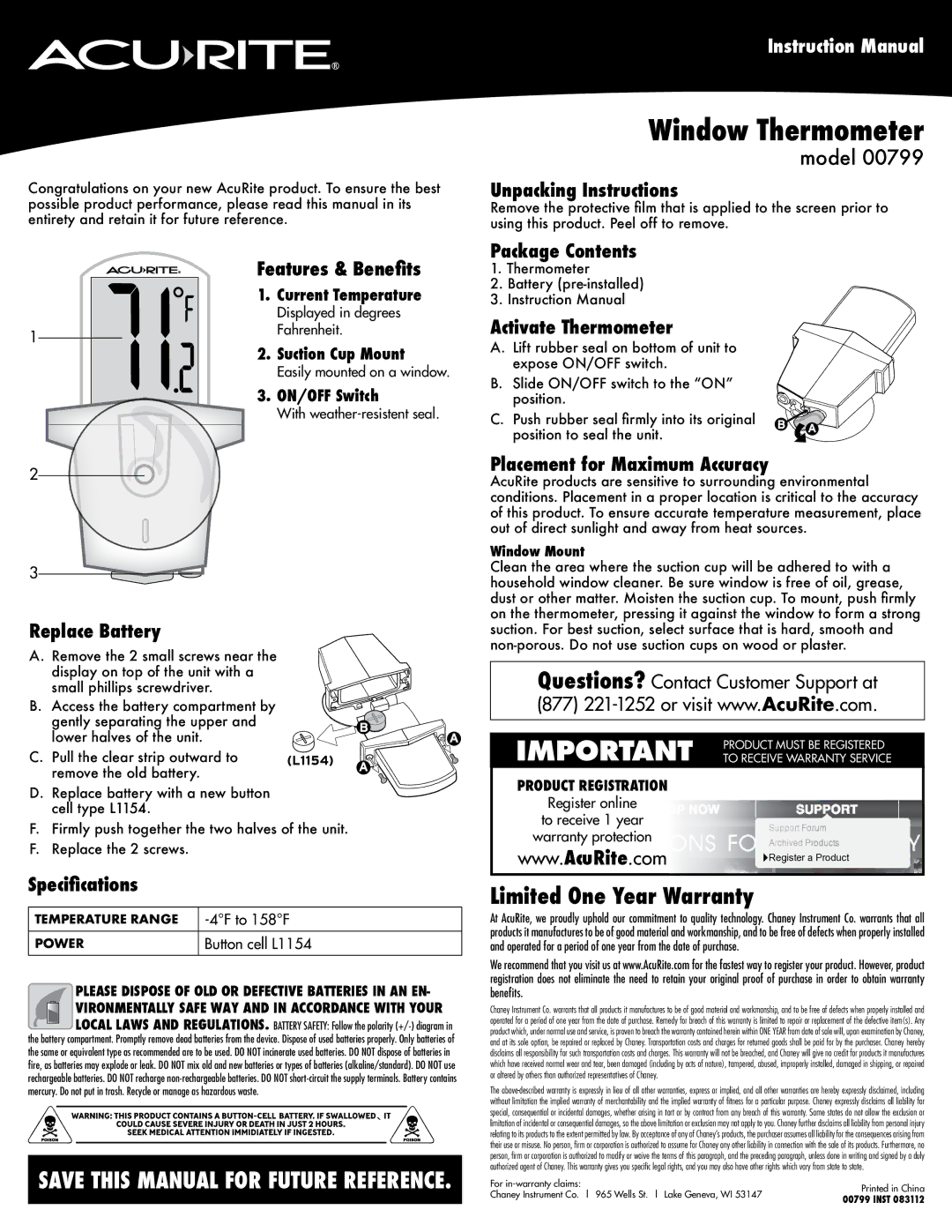 Acu-Rite 799 instruction manual Features & Benefits, Replace Battery, Specifications, Unpacking Instructions 