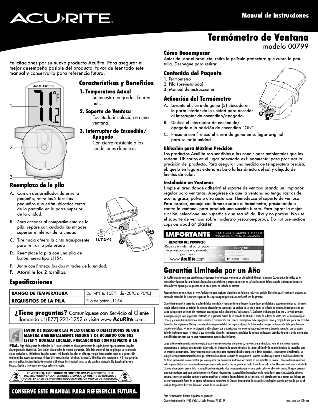 Acu-Rite 799 Especificaciones, Reemplazo de la pila, Cómo Desempacar, Contenido del Paquete, Activación del Termómetro 