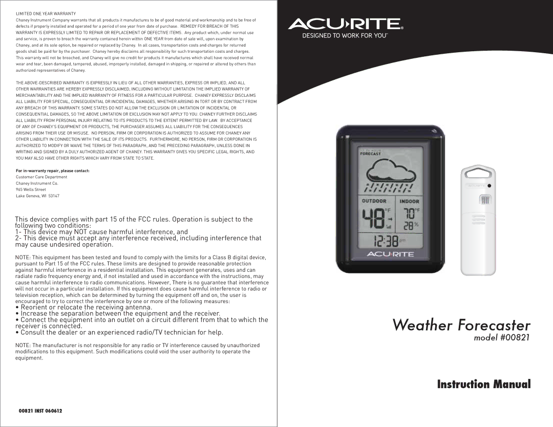 Acu-Rite 821 instruction manual Weather Forecaster 