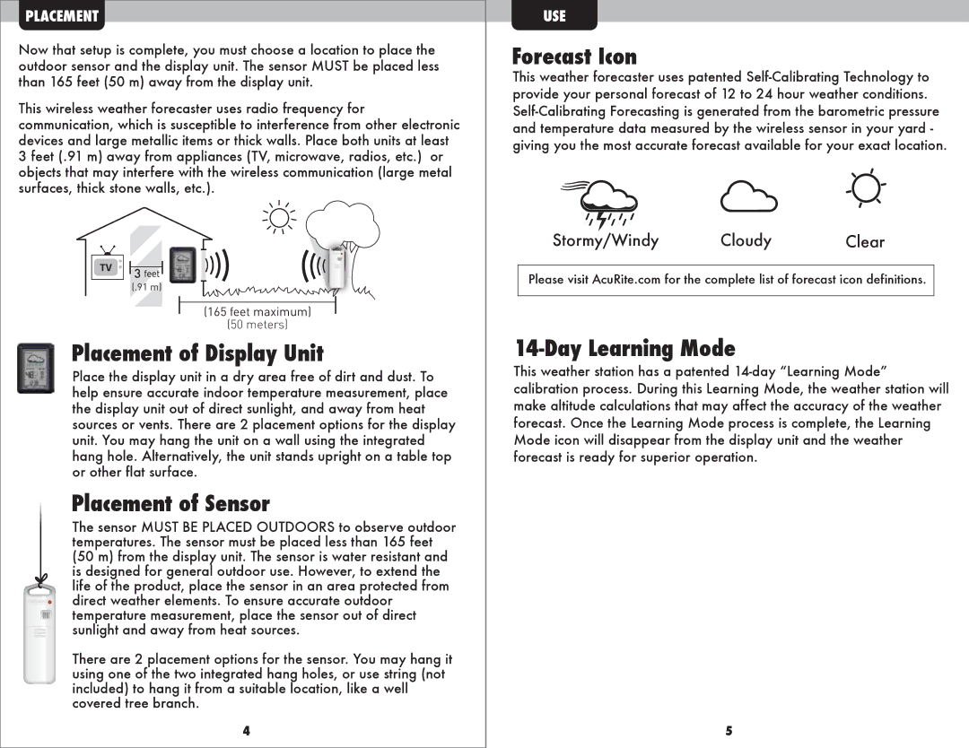 Acu-Rite 821 instruction manual Placement of Display Unit, Placement of Sensor, Forecast Icon, Day Learning Mode 