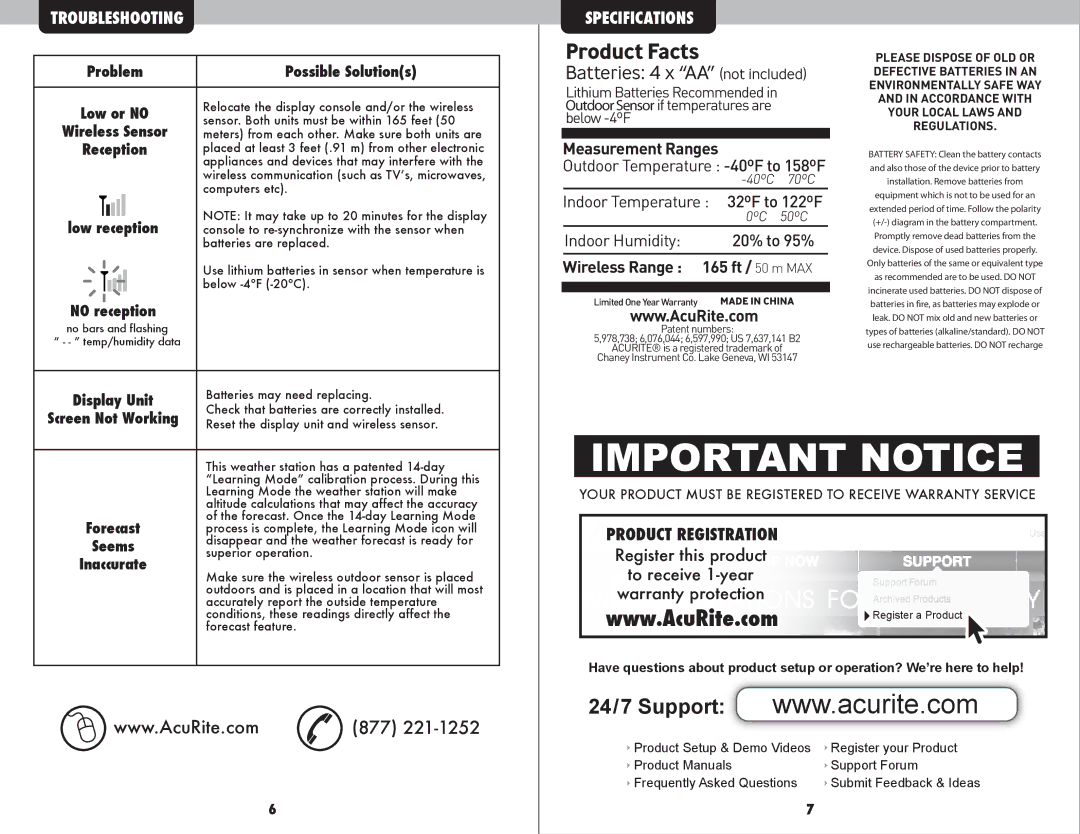 Acu-Rite 821 instruction manual Troubleshooting, Specifications 