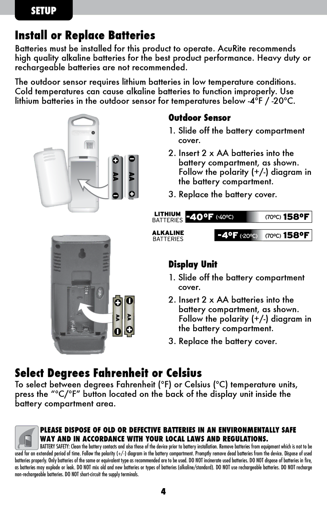 Acu-Rite 822 instruction manual Install or Replace Batteries, Select Degrees Fahrenheit or Celsius 