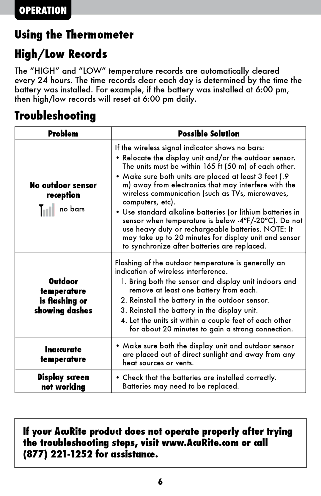 Acu-Rite 822 instruction manual Using the Thermometer High/Low Records, Troubleshooting 