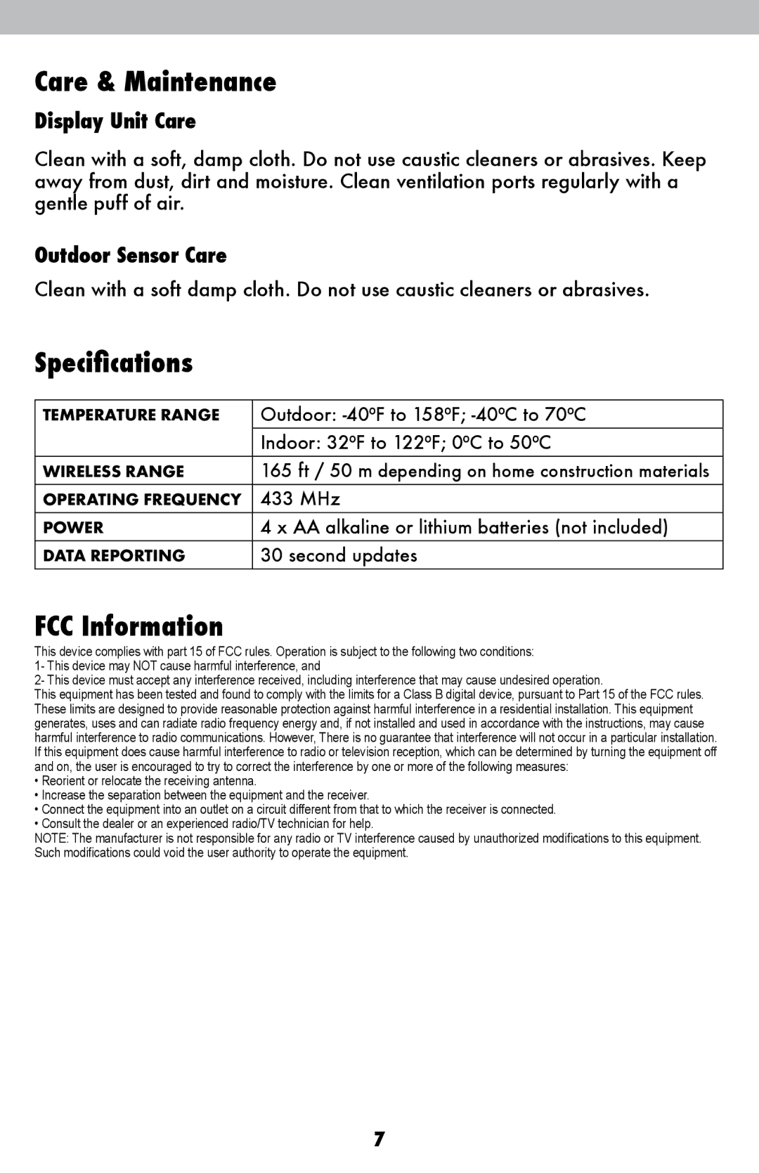 Acu-Rite 822 instruction manual Care & Maintenance, Specifications, FCC Information 