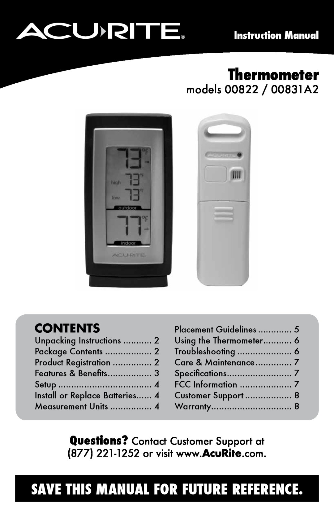 Acu-Rite instruction manual Contents, models 00822 / 00831A2, Instruction Manual, Thermometer 