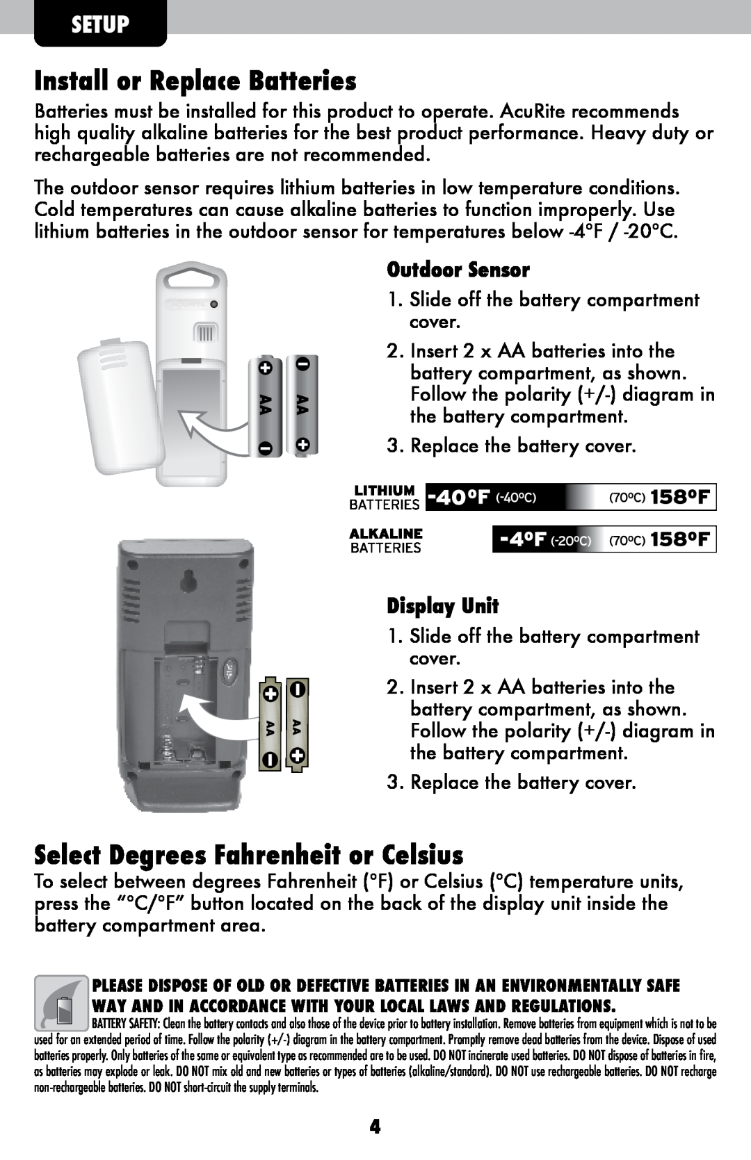 Acu-Rite 822 Install or Replace Batteries, Select Degrees Fahrenheit or Celsius, Setup, Outdoor Sensor, Display Unit 