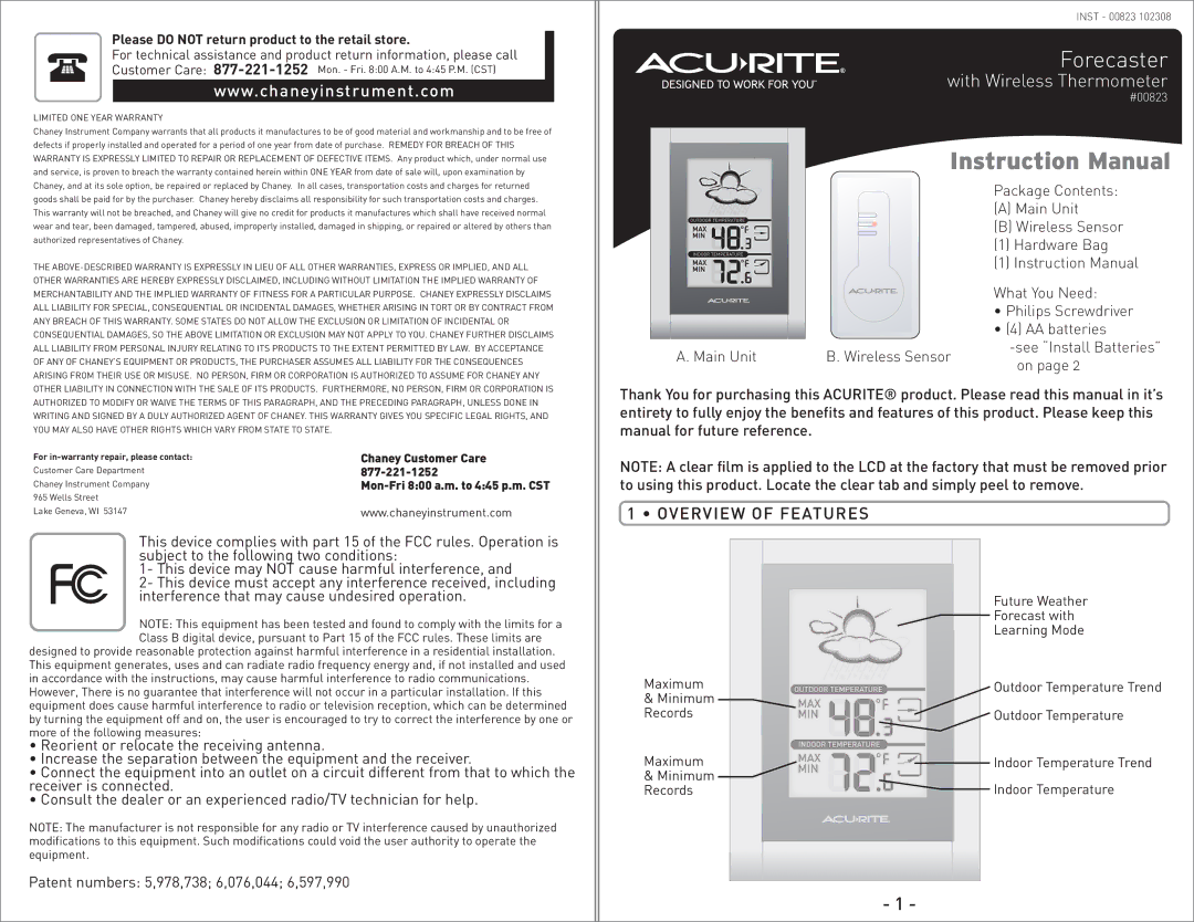 Acu-Rite 823 instruction manual Overview of Features, Please do not return product to the retail store 